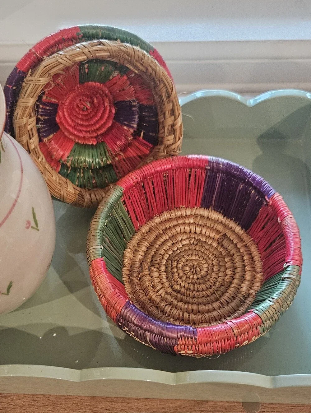 Boho Hand-woven Ethiopian Reed Trinket Basket In Pink Teal And Purple